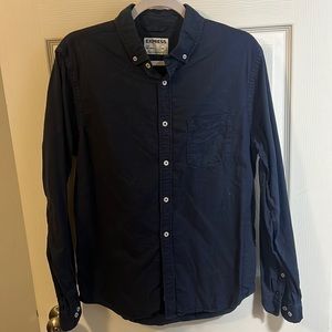 Express slim, soft, wash, blue button down long sleeve shirt